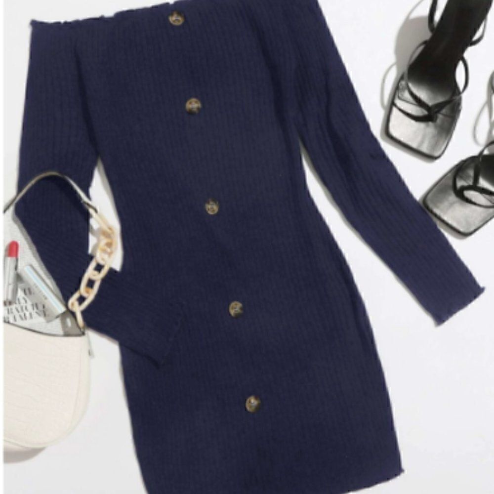 ♡♡♡ Navy Knit Stretch Bodycon Button Down Mini Dress